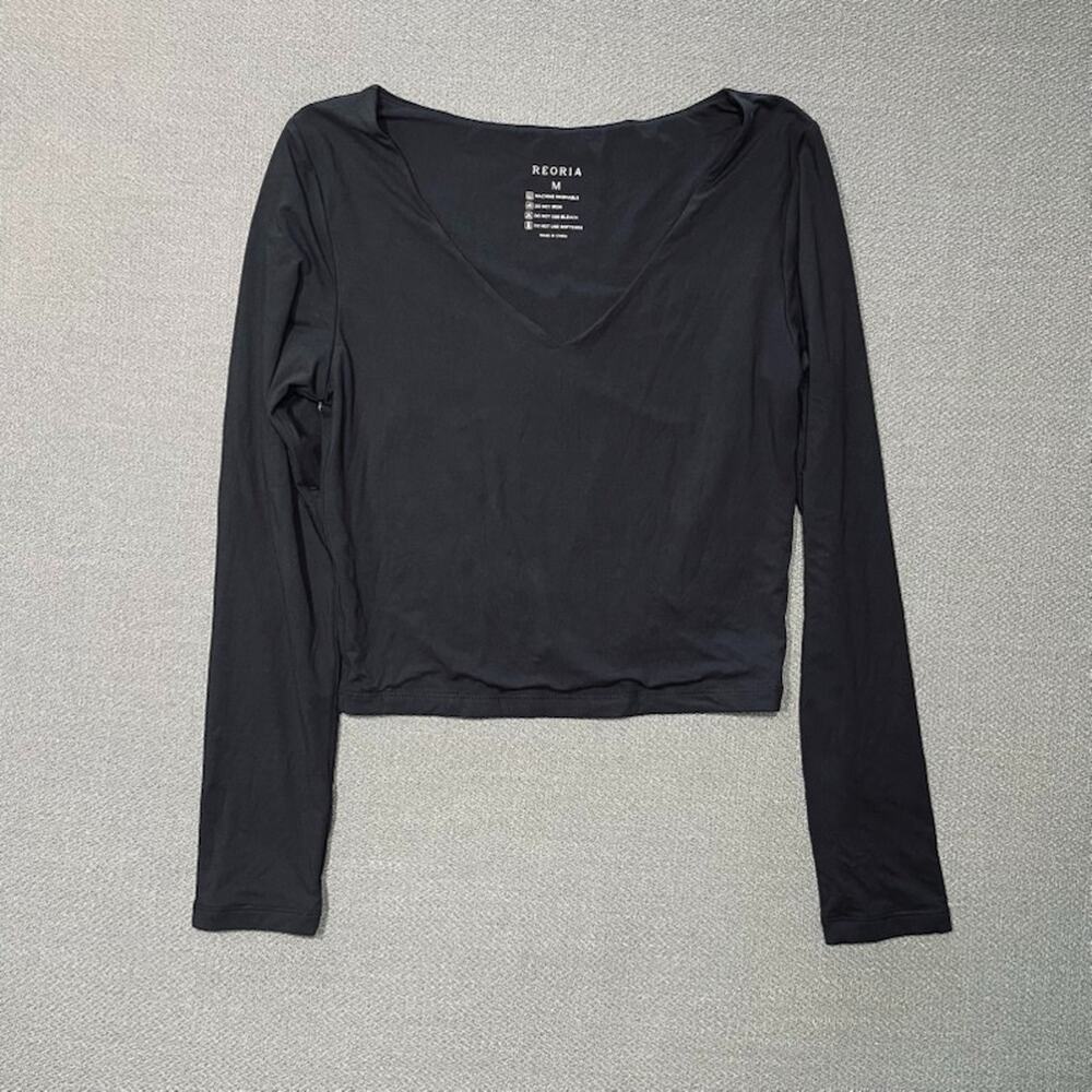 Reoria Long Sleeve Black Cropped Top Soft Lined T Shirt Yoga Ballet Dance M